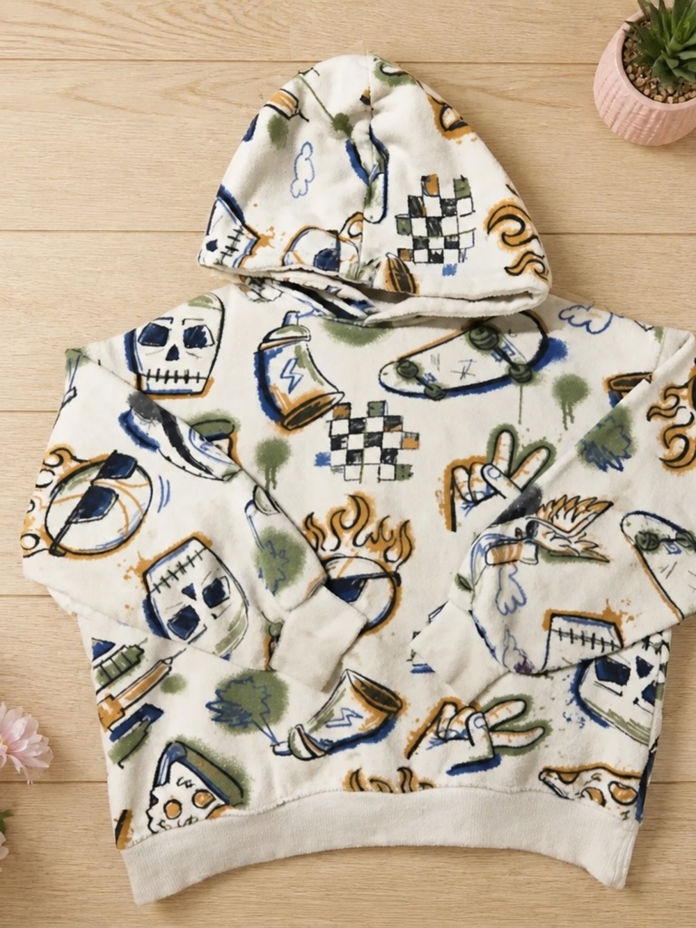 Zara Kids Graphic Hoodie Sweatshirt Size 9-10 140 Skate Skull Fleece Lined